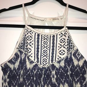 Halter High-Neck Flowy Tribal Tank - Blue + Cream